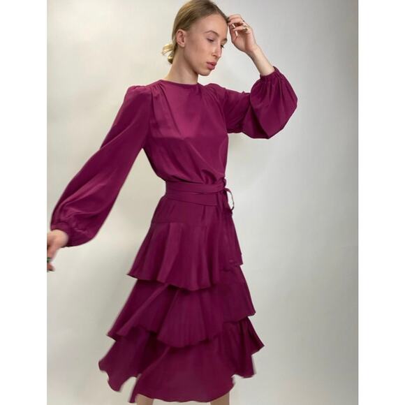 ANNA MASON Dress Womens US 4 Mauve Rose Silk Long Sleeve Dropped Waist Ruffle - Picture 1 of 16